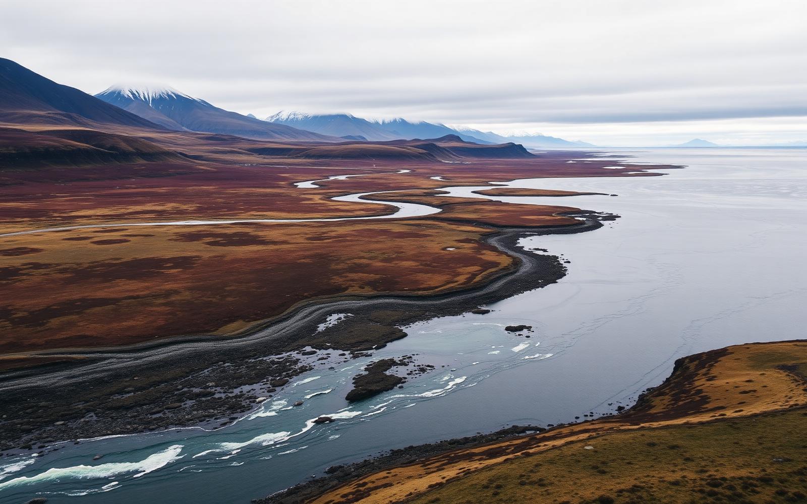 Braided river meeting tundra flats and the sea in Bristol Bay Alaska