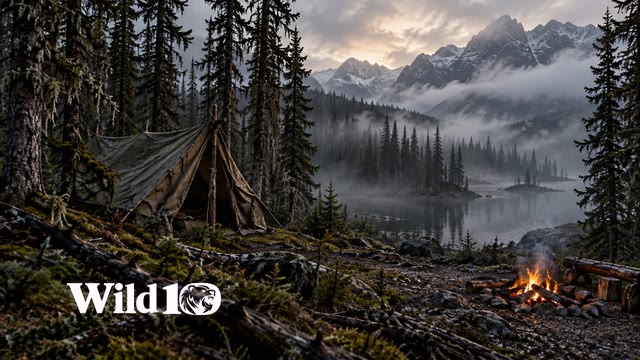 Small weathered canvas ridge tent deep among black spruce, low controlled campfire on right gravel clearing, mossy roots and hanging gray fog, cold dawn.