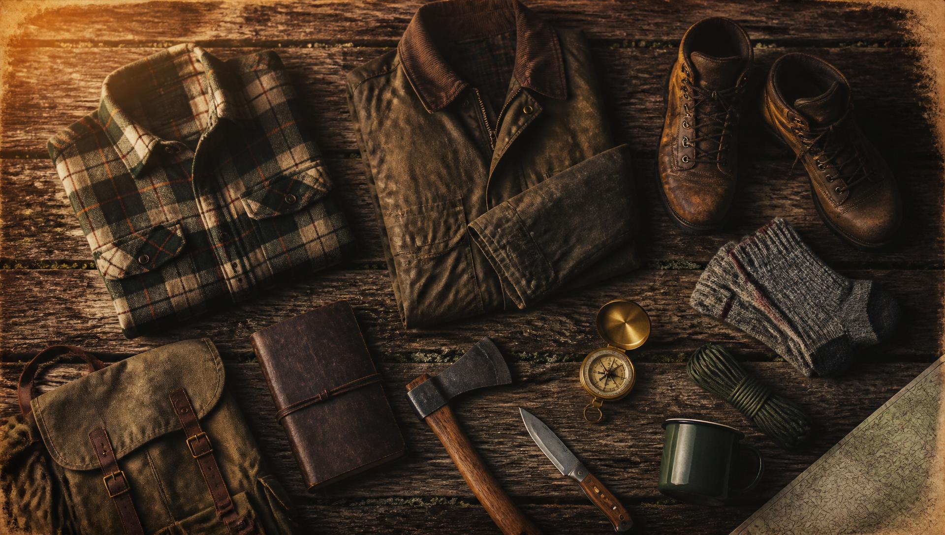Overhead flatlay of outdoor gear and clothing: flannel shirt, waxed jacket, hiking boots, axe, knife, compass, and canvas pack on weathered wood