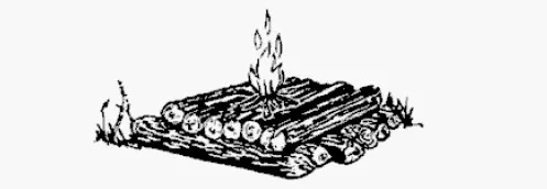 Illustration of a fire built on a base of logs over snow