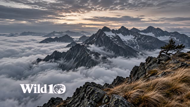 Harsh alpine ridgeline above an immense sea of low clouds, jagged dark summits receding into gray dawn, wind-bent tawny grass on right foreground, tiny twisted pine silhouette.
