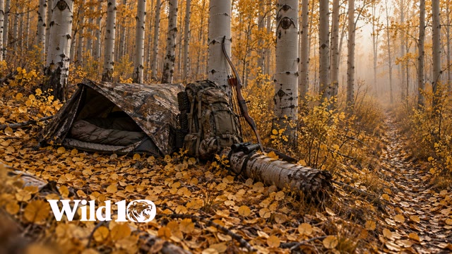 A compact hunting camp and organized gear among golden autumn aspens.