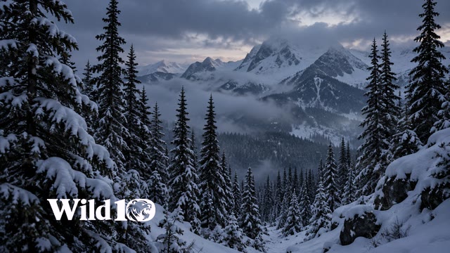 Snowbound spruce forest at dusk, branches lightly coated with fresh snow, narrow gap leading toward fogbound mountains, blue charcoal shadows and muted white, faint snowflakes, no people or buildings.