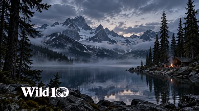 A remote mountain lake in last cold twilight, dark pines framing the view, small canvas lean-to and low campfire on far right rocky shore, blue mist over silver water and enormous distant peaks, intimate quiet wilderness.