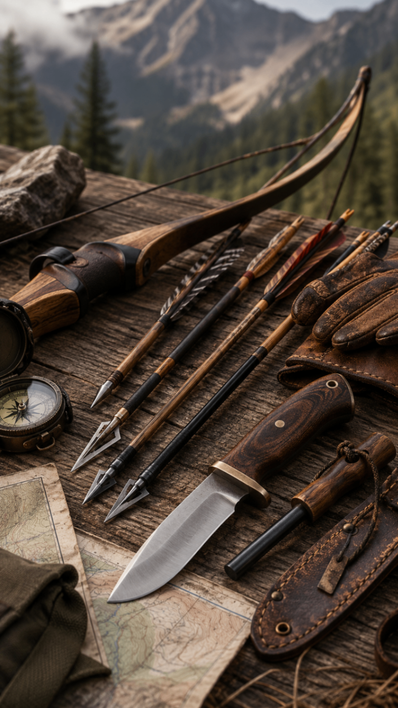 Bow, arrows, and bushcraft knife laid out on wood