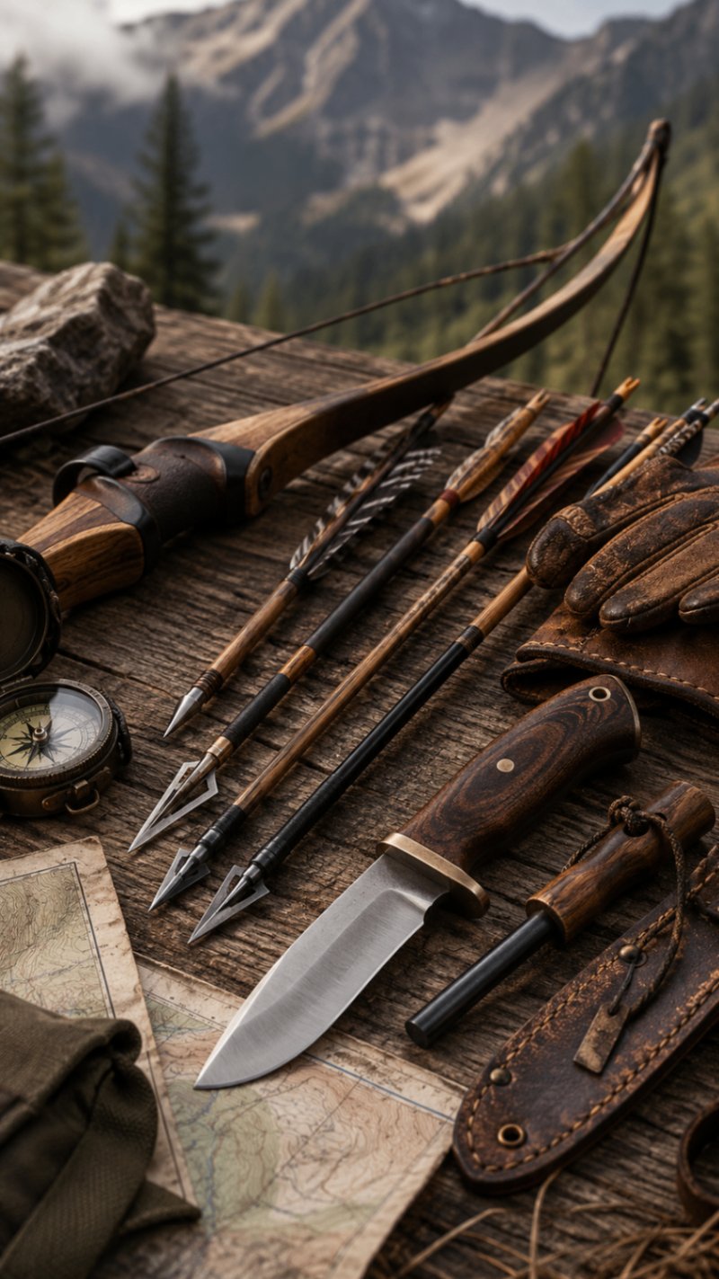 Bow, arrows, and bushcraft knife laid out on wood