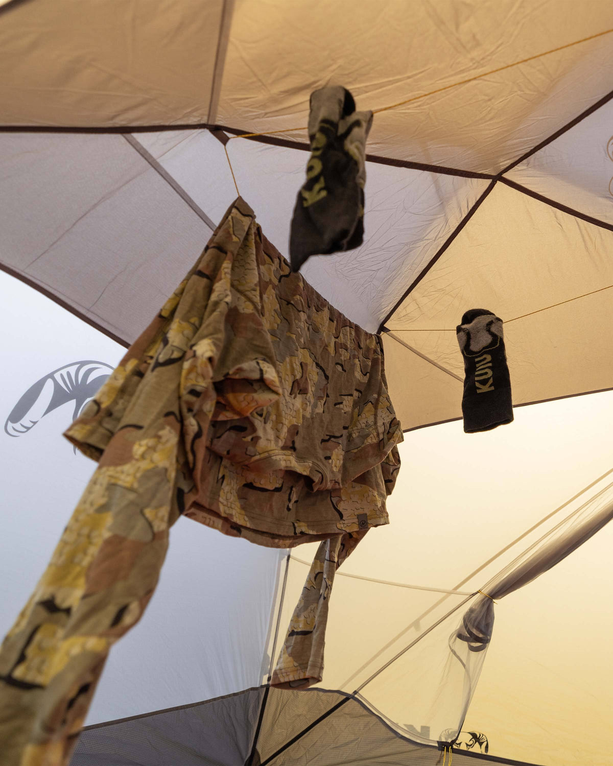 Clothing hung on the built-in clotheslines inside the Mountain Star 3P