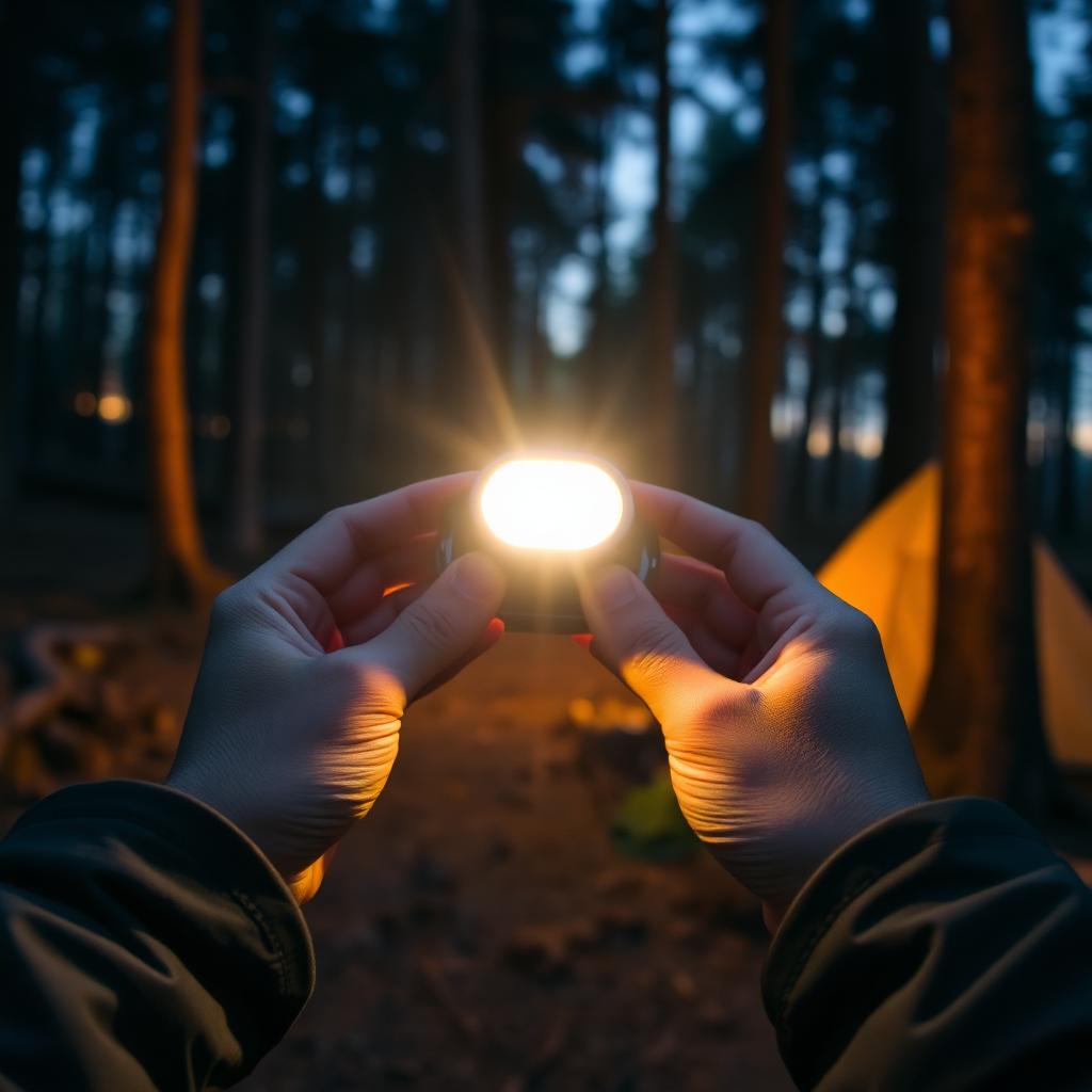 Headlamp lighting a camp task after sunset