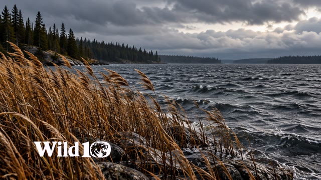 Tall amber reeds on the edge of a vast dark northern lake, reeds leaning in cold wind, distant black spruce shoreline and silver low cloud, quiet overcast afternoon.