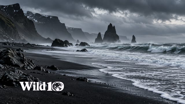 An empty volcanic black-sand beach at stormy twilight, long low bands of white surf and dark basalt stacks fading into sea mist, almost monochrome slate.