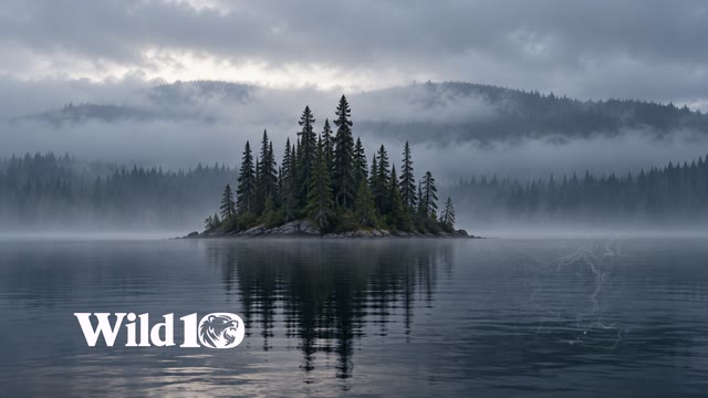 A tiny dense island of black spruce centered on a vast still lake, foreground lake dark and open, layers of blue-gray fog behind the island, overcast dawn, minimalist composition with generous quiet space.
