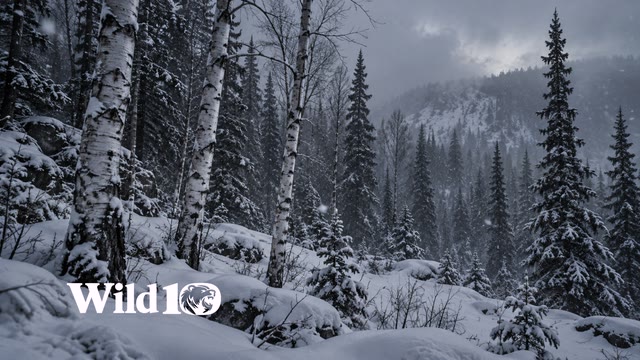 Sparse white birch trunks in softly blowing snow among black conifers, gently undulating snow-covered forest floor, cold twilight and low visibility.