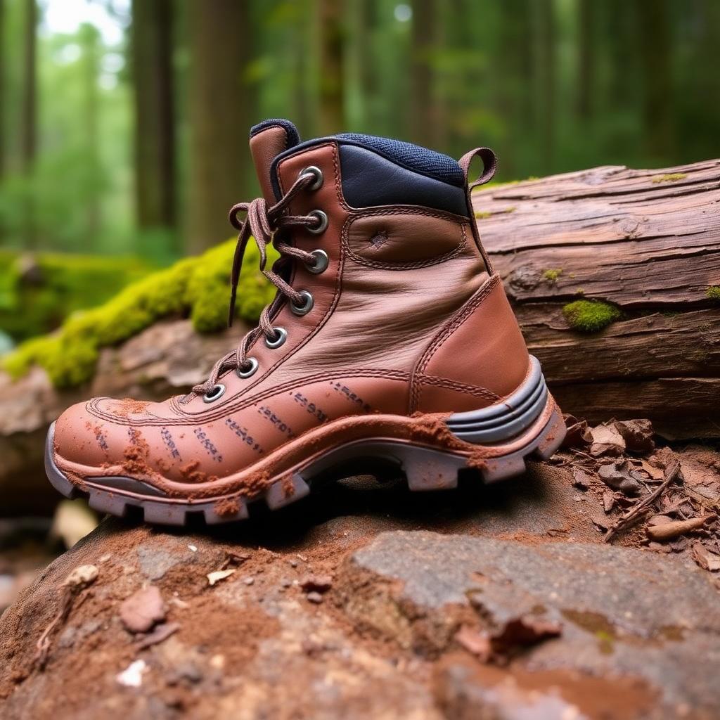 Rugged hiking and bushcraft boots on wet trail ground