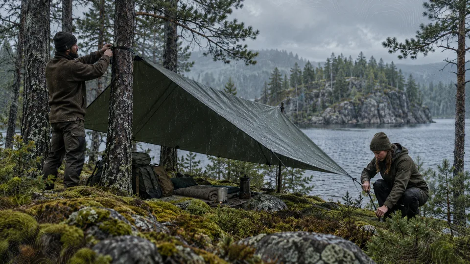 Campers securing a tarp shelter beside a misty forest lake — illustrative Wild10 scene