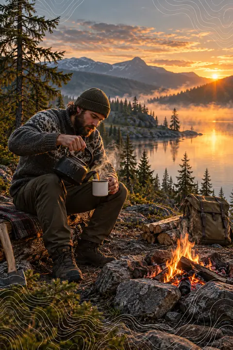 Camp coffee at dawn beside a misty lake — illustrative Wild10 scene