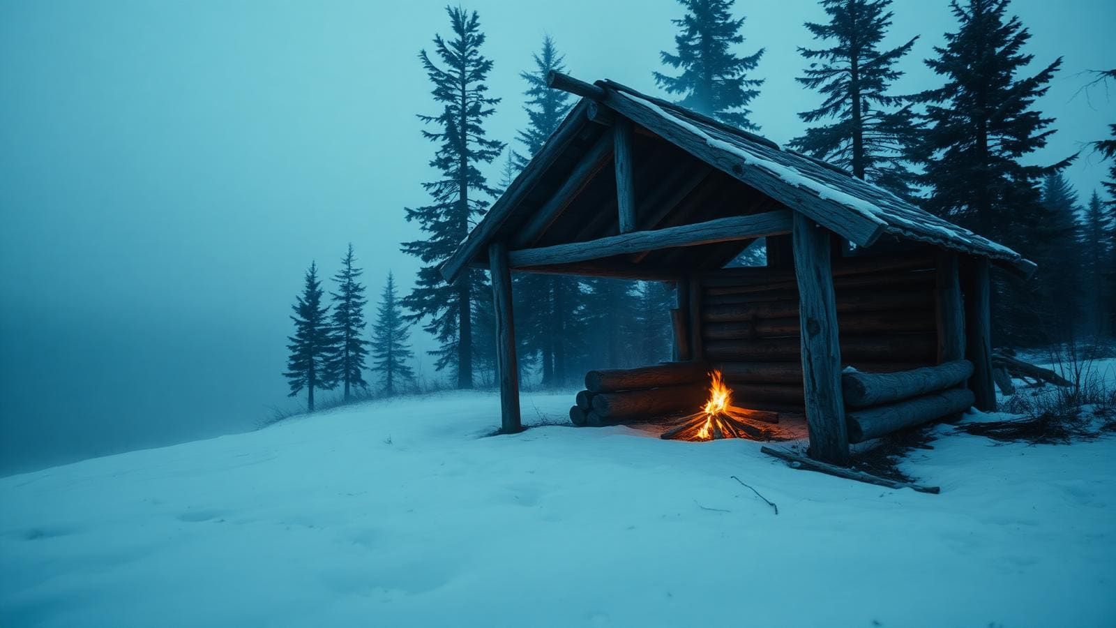 A weathered bushcraft shelter beside a small fire on a mist-shrouded sub-arctic lakeshore at dawn