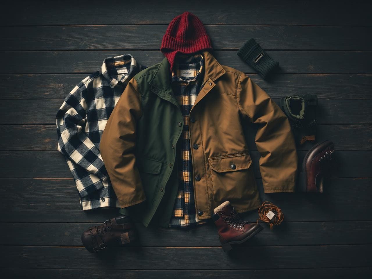 Layered flannel, waxed jacket, wool beanie and leather boots arranged on dark wood