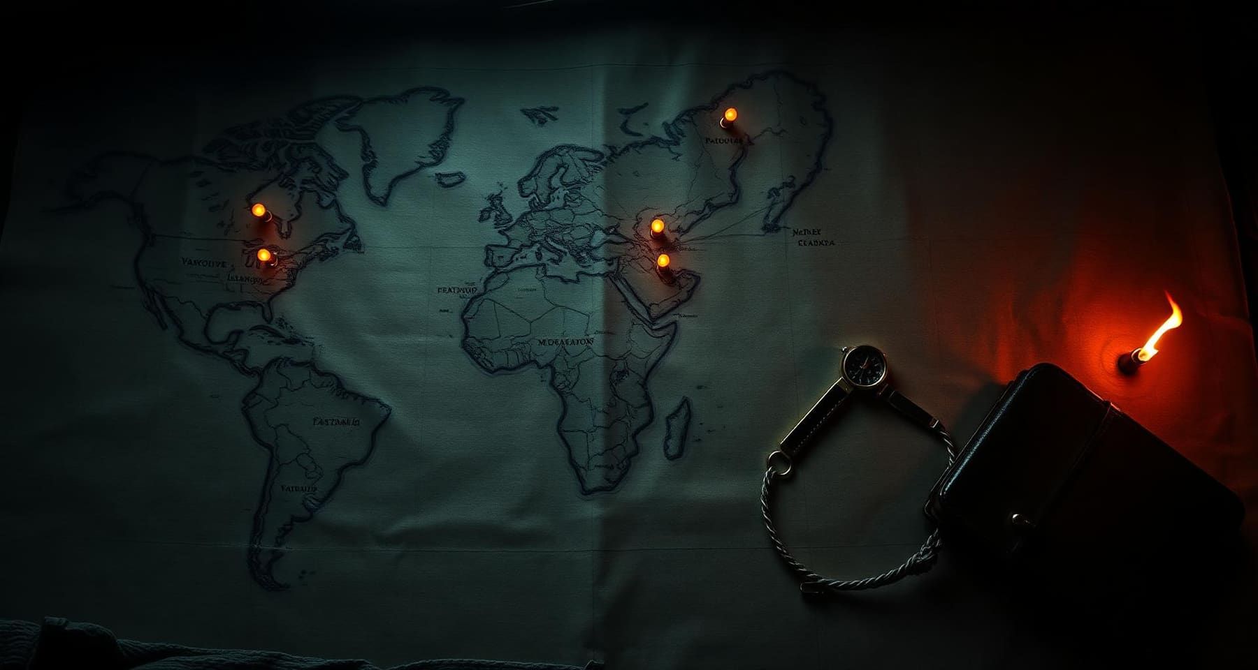 Weathered world map lit by firelight with glowing pins marking Alone filming regions