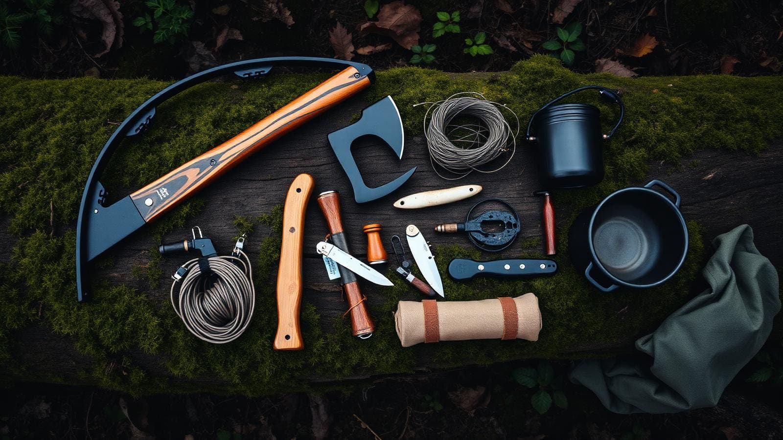 Overhead flat-lay of survival gear — bow saw, axe, ferro rod, knife, snare wire, fishing kit, pot, tarp — on a mossy log