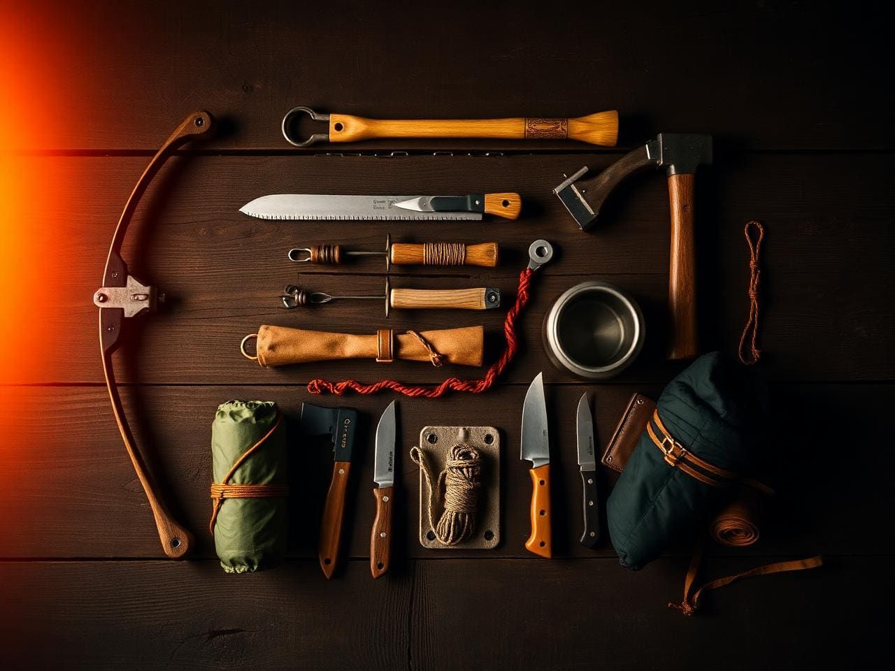 Moody overhead flatlay of survival gear: bow saw, axe, knife, pot, and rolled sleep kit on dark wood
