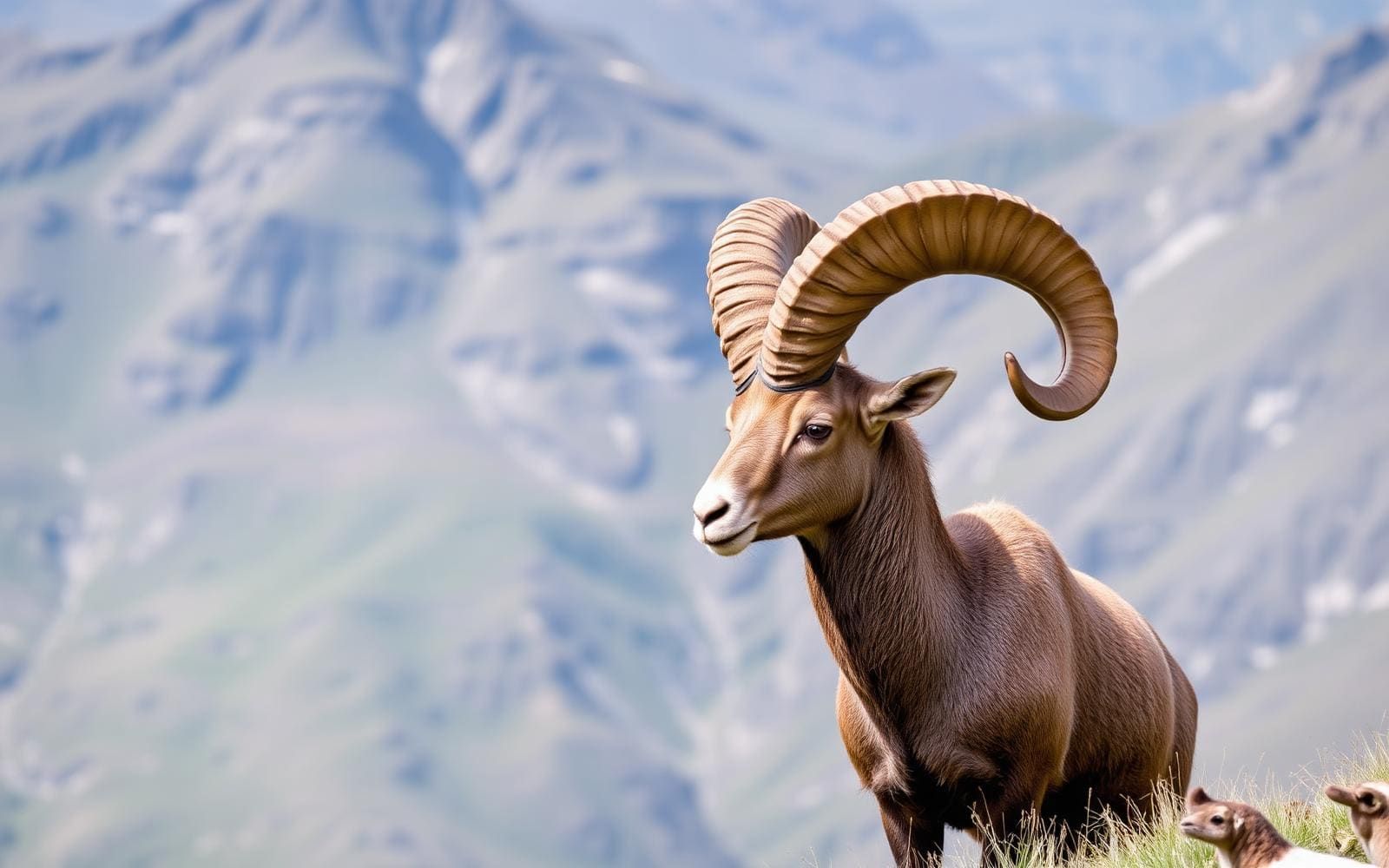 An argali ram with massive curled horns standing on a Mongolian Altai mountain ridge