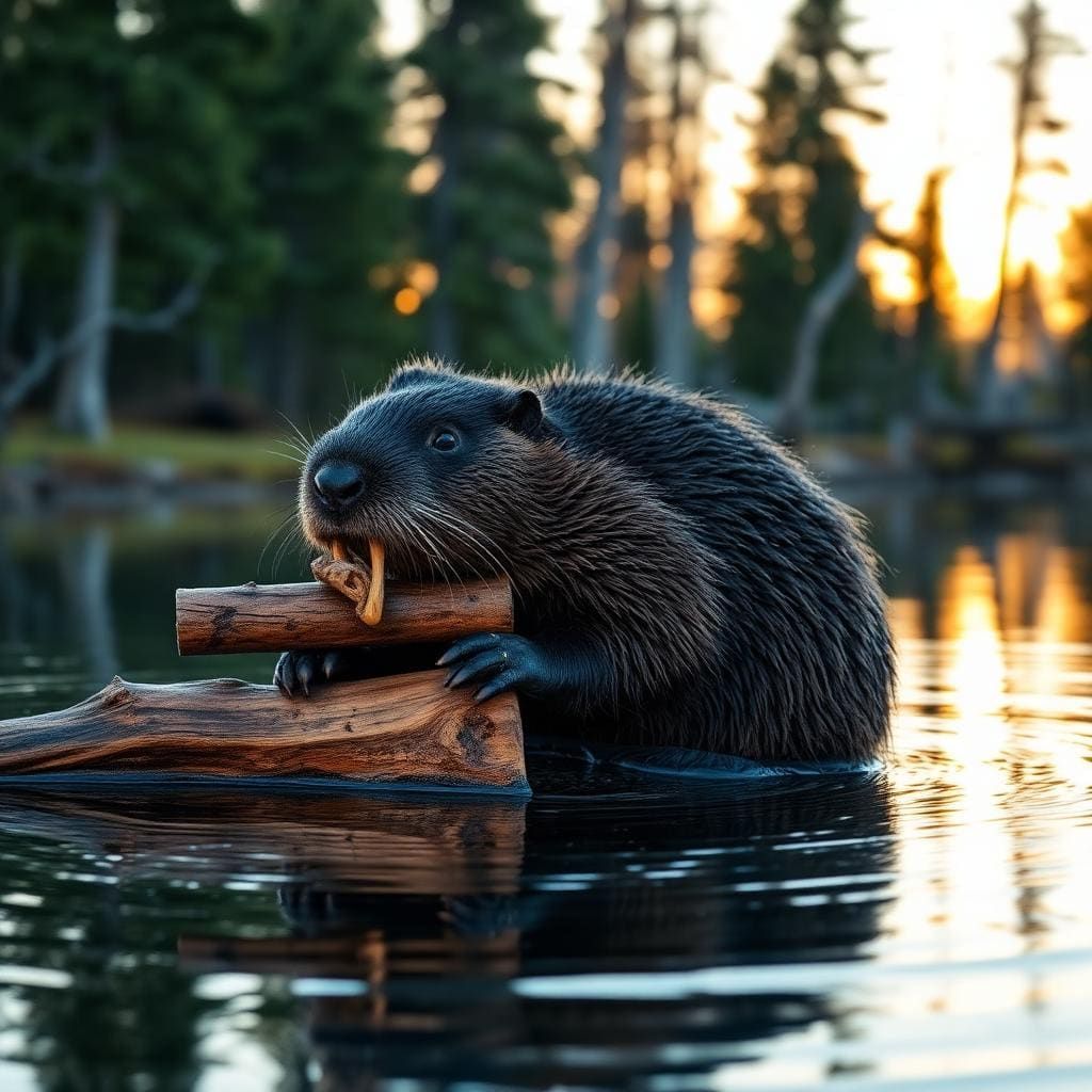 A beaver on a log dam at dusk, orange incisors, boreal pond reflection