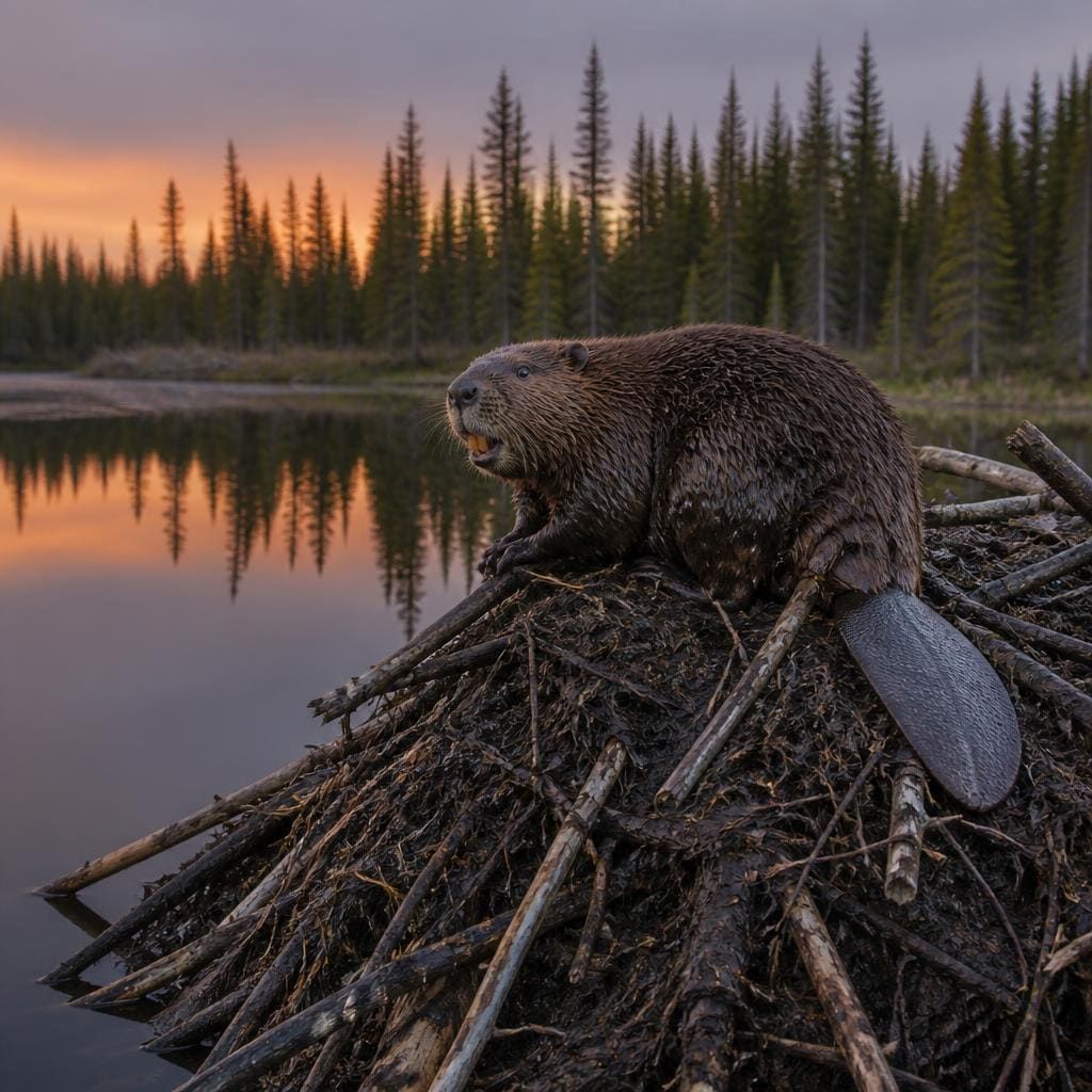 A beaver on top of a stick-and-mud lodge at dusk on a boreal pond