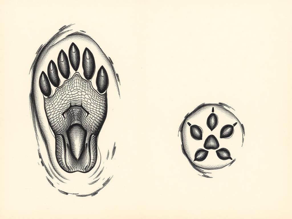 Beaver webbed hind foot and small five-toed front paw print with tail drag