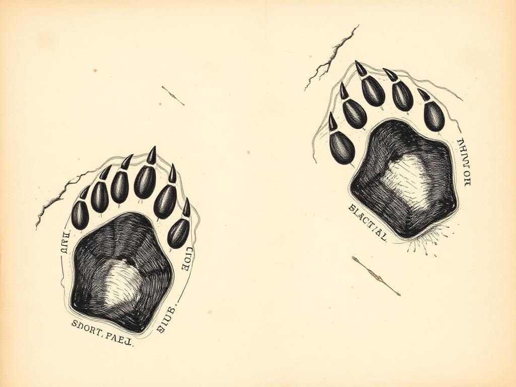 Black bear front and hind paw prints in mud, short claws close to the toe pads