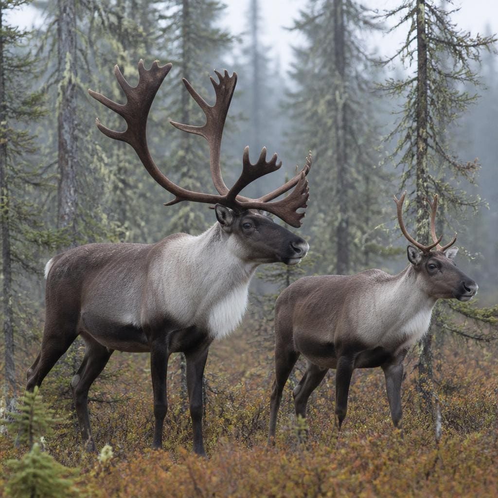 A woodland caribou bull and cow standing together in a misty spruce bog, both carrying antlers