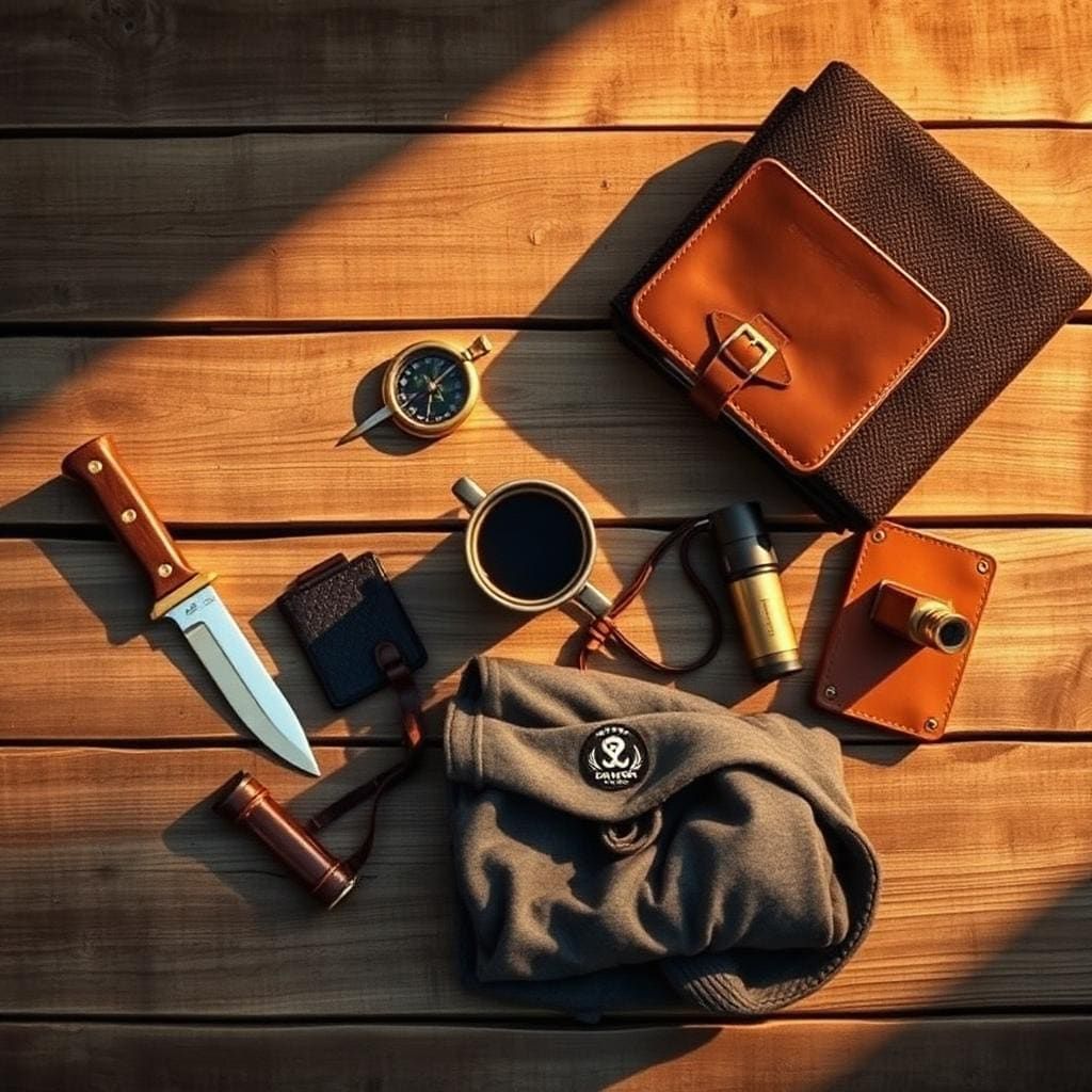 Overhead flatlay of outdoor gear — knife, compass, mug, notebook, and layers on weathered wood