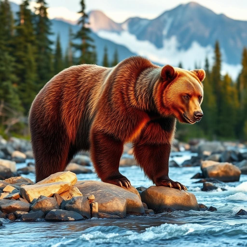 A grizzly bear standing on rocks in a rushing salmon river with mountains behind