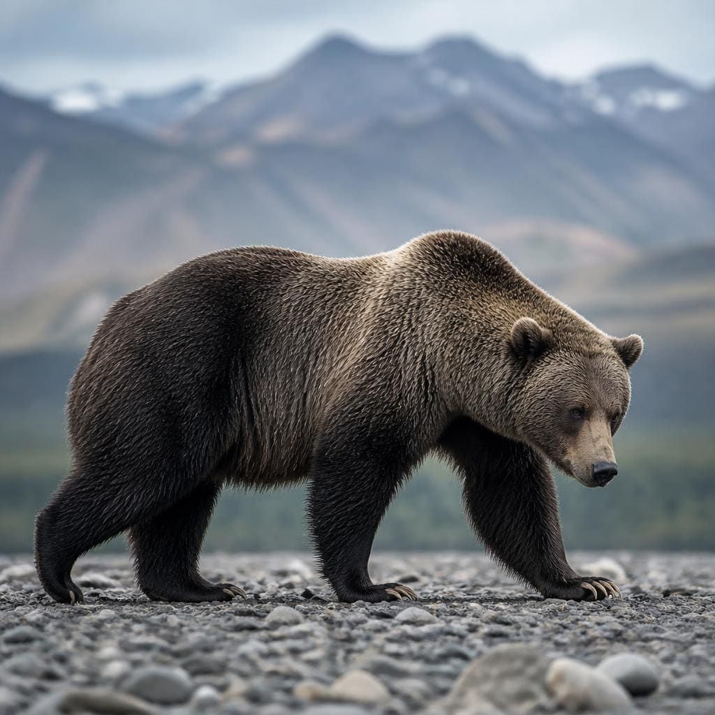 Large grizzly bear boar walking a gravel riverbar with mountains behind, shoulder hump and long claws visible