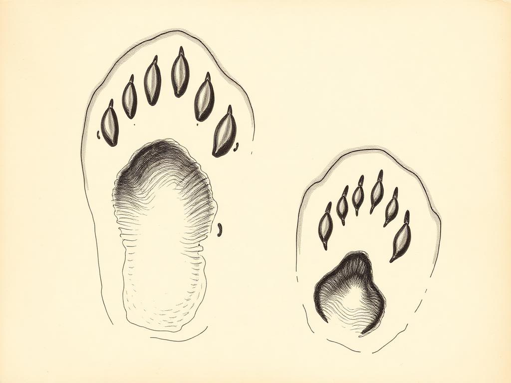 Grizzly bear front and hind paw prints with long claw dots ahead of the toes