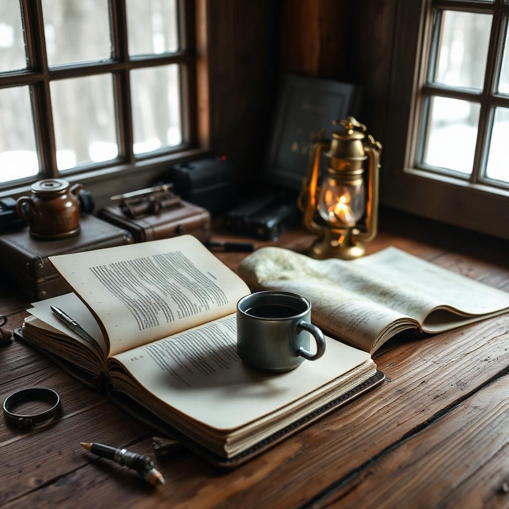 An open leather field journal, fountain pen, and enamel mug on a rustic cabin desk in warm morning light