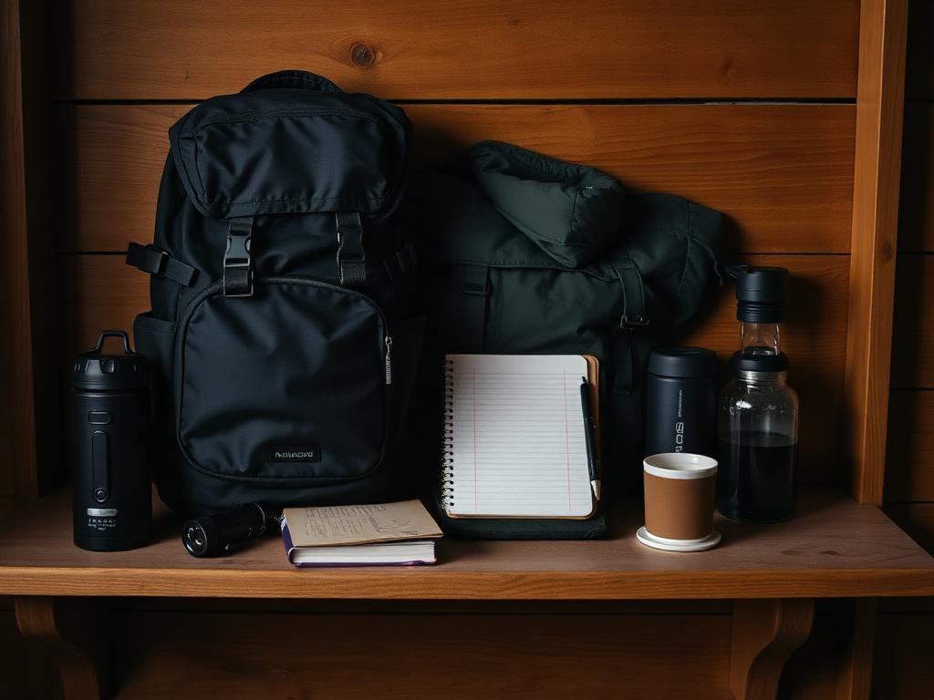 Personal outdoor kit shelf with pack, notebook, and bottles