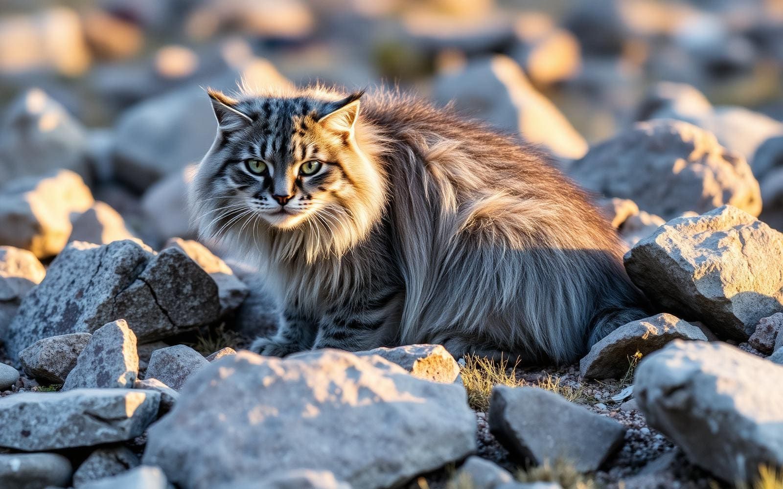 A Pallas's cat with dense fluffy grey fur crouched among rocks on the Mongolian steppe