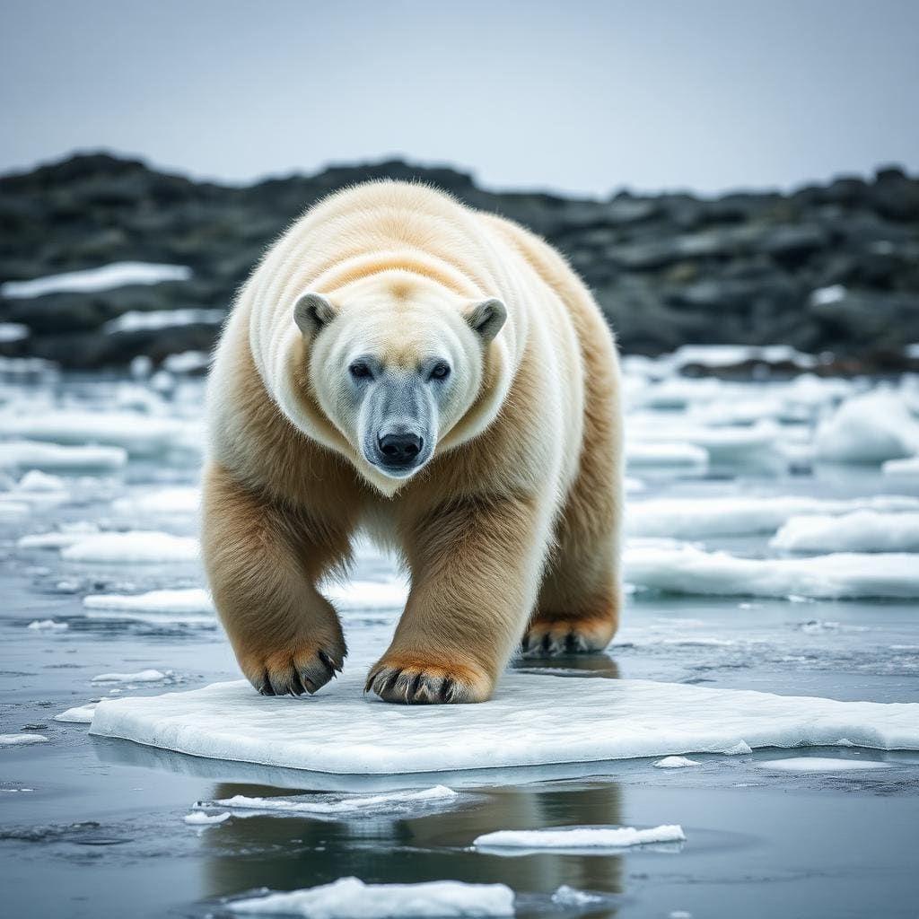 A large polar bear walking across broken sea ice on a grey sub-arctic coast