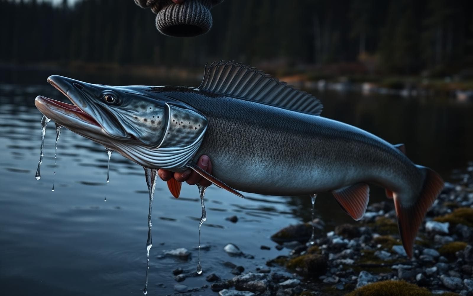 A large northern pike lifted dripping from a cold northern lake at dusk