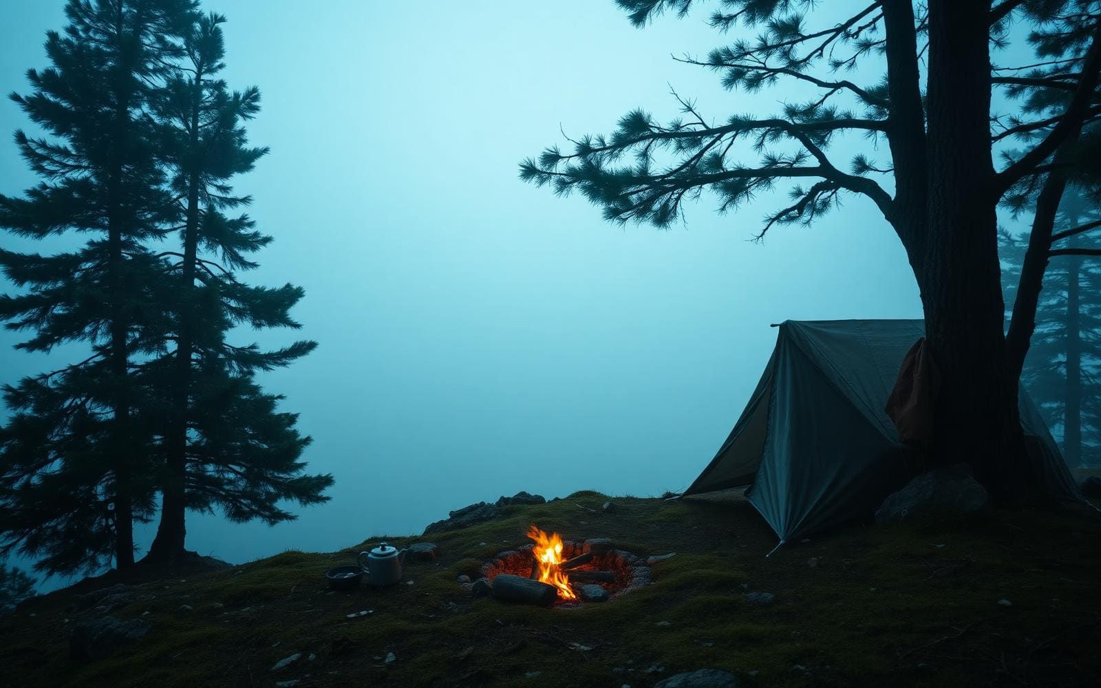 A tarp shelter beside a small campfire above a foggy northern lake at dusk