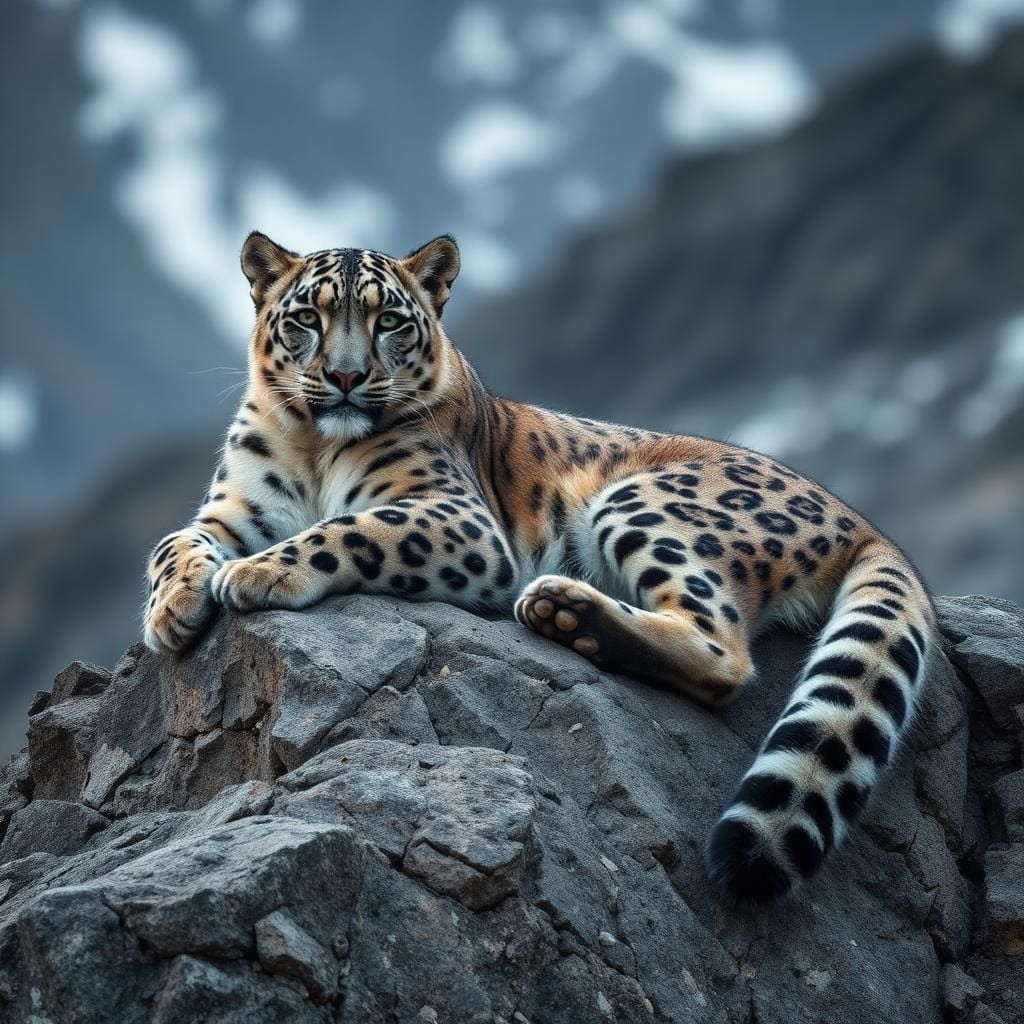 A snow leopard resting on a rocky ridge with the Mongolian Altai in the background