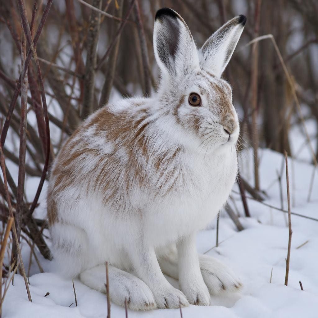 A snowshoe hare in transitional patchy white-and-brown coat sitting in a willow thicket with light snow