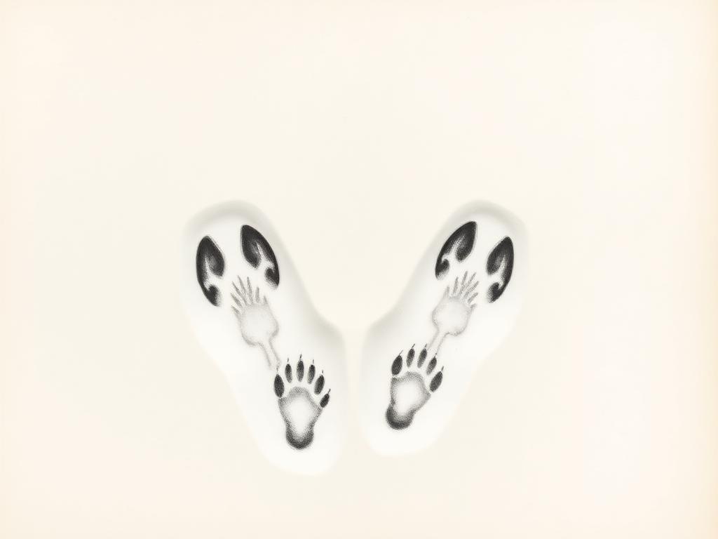 Snowshoe hare track pattern in snow — two long hind feet ahead of two small front paws