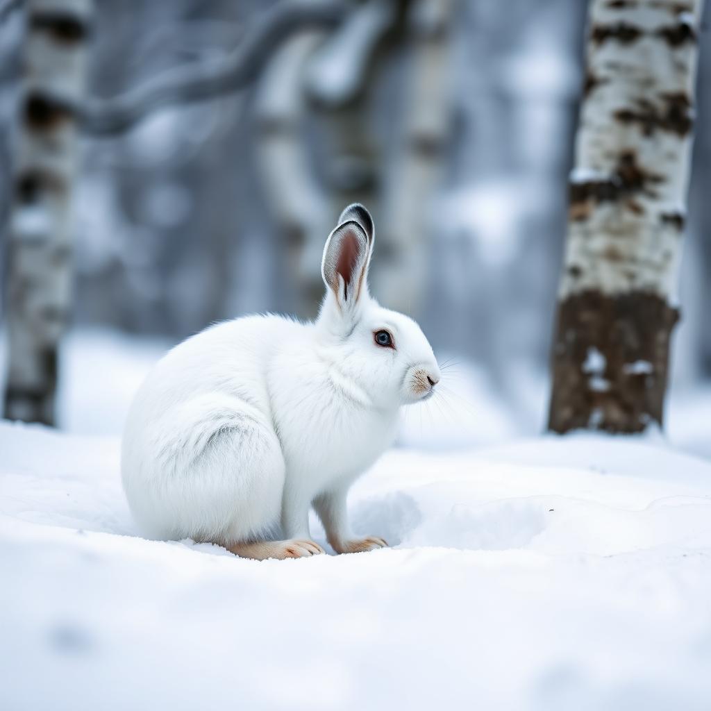 A snowshoe hare in white winter coat sitting in deep powder snow beside a birch