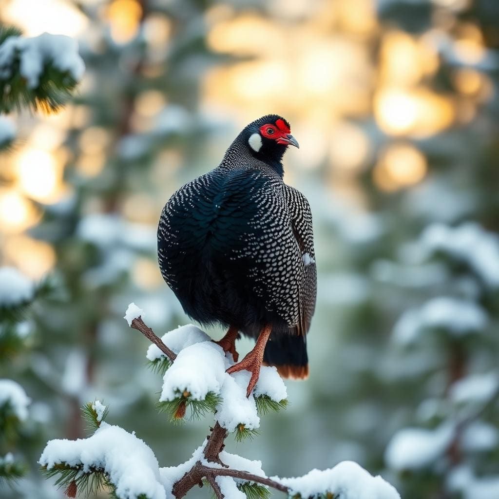 A male spruce grouse on a snowy conifer branch with red eye combs