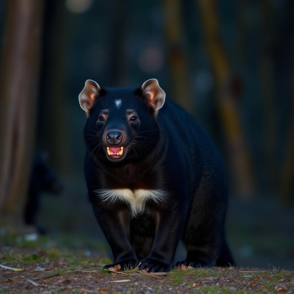 A Tasmanian devil standing at a eucalyptus forest edge at dusk, white chest blaze visible