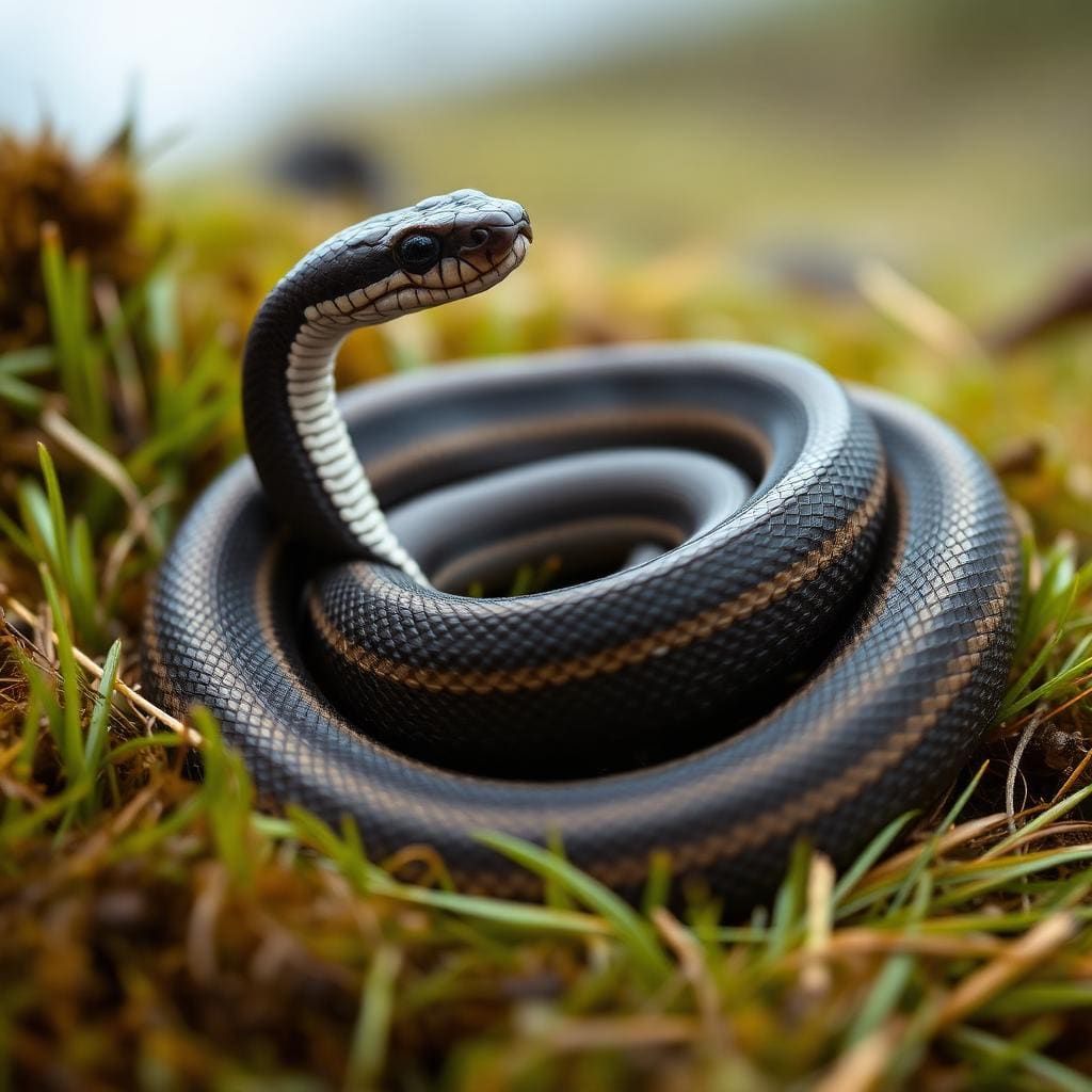 A Tasmanian tiger snake coiled in defensive S-curve on wet button-grass moorland