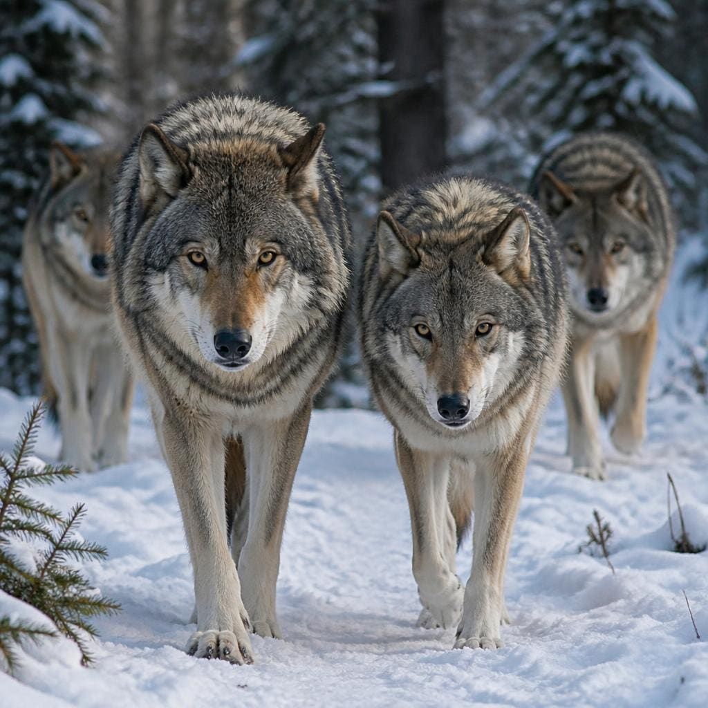 A pack of timber wolves walking through snow, larger male in front