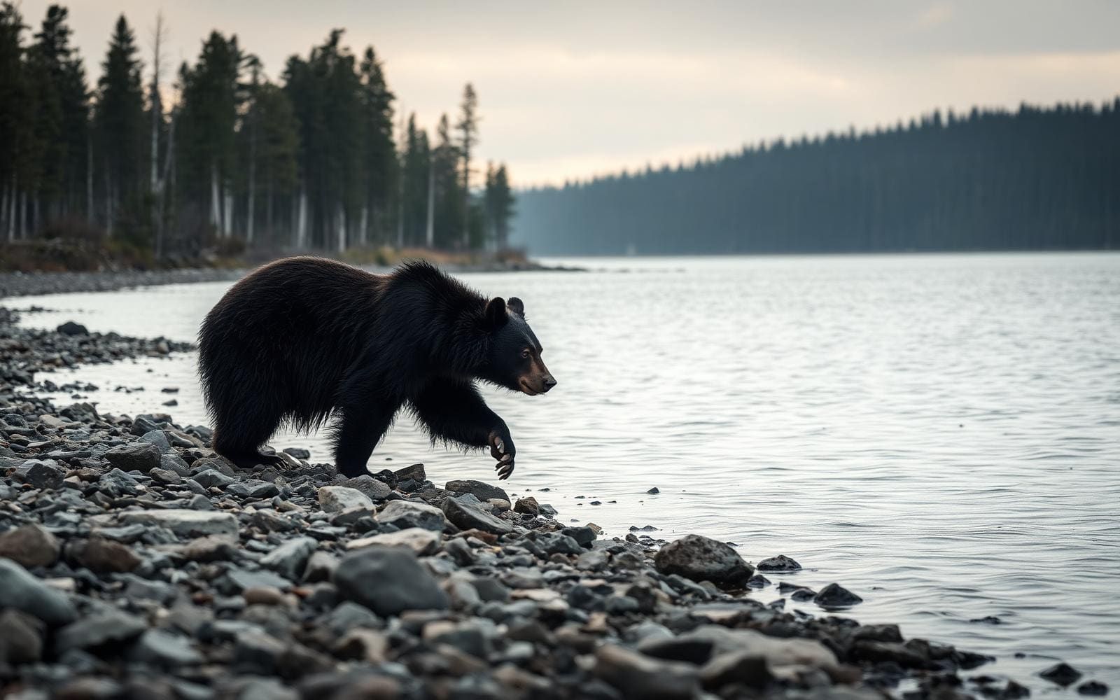 A black bear walking a rocky shoreline at dusk