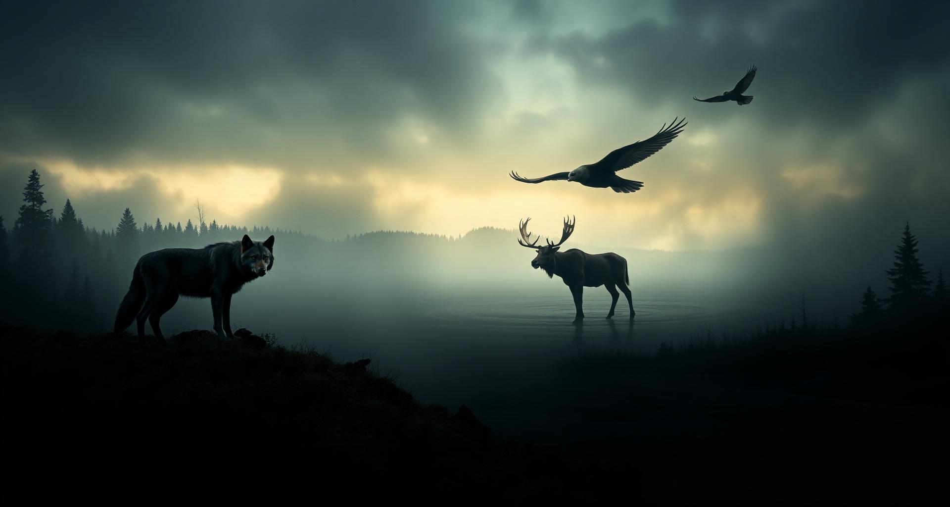 Timber wolf on a mossy ridge with a bull moose in a misty lake and a raptor soaring overhead at dusk